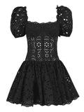 Hook Flower Hollow Dress For Women Square Collar Short Sleeve High Waist Casual Slim A Line Dresses Female Clothing 2023