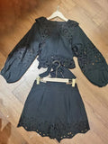 Sexy Patchwork Lace Two Piece Set For Women Round Neck Long Sleeve Tops High Waist Shorts Cut Out Sets Female 2023