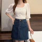 Korean Version Of The Small Fragrant Collarbone Design Shirt Short Bubble Sleeve Ice Silk Knitted Short-Sleeved T-Shirt