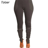 Hight Waist Trousers Ribbed Patchwork Zipper Pants Women Skinny Fitness Sexy Pleated Ruched Legging Pants