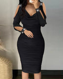 Toloer Women's Hot Diamond V-Neck Pleated Tight Skirt Wrapped Hip