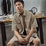 New Retro Tools Pocket Shirt Men's Youth Trend Loose Short-Sleeved Shirt Middle Sleeves-Outfit