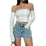 Crop Tops T-shirts, Solid Color Boat Neck Off Shoulder Sexy Tops Pullover with Long Sleeves for Summer Club Wear-Outfit