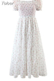 Spring Summer Women's Sweet French Vintage Romantic Fairy Slash Neck Puff Sleeves Floral Elastic Slim Dress Women
