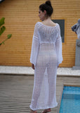 Vacation White Long Sleeve Cover Up Crochet Knitted Beach