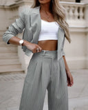 Toloer Women's Temperament Casual Stripe Short Lapel Suit Straight Pants
