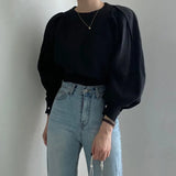 Simple Round Neck Women's Blouse Autumn Lantern Long Sleeve Pleated Casual Shirts Ladies Loose Elegant Woman Top