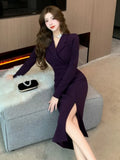 Woman Dress Autumn Winter Vintage Notched Elegant Split Long Sleeve Slim French Style Chic Basic Office Lady Dresses-Outfit