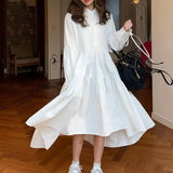 Women Dress Long Sleeve Spring Autumn Vintage Designer Collar Lapel Button Up Ruched Ruffles Cotton White Dresses Female