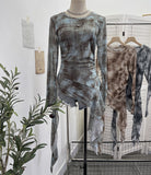 Print Double-Layer Mesh Long-Sleeved Top Design Feel Irregular Ribbon-Up T-Shirt