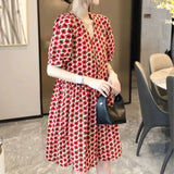 Lady Flowers Printed Elegant V-Neck Casual Dresses Women's Stylish Puff Sleeve Single-breasted Summer A-Line Midi