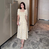 Elegant Dress Women Summer 2021 Floral Sweet Casual Long Dress Korean Puff Sleeve Yellow Vintage Party Sundress