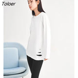 Women Tees 2023 Spring Long Sleeve O Neck Loose Fashion Tshirt Letter Print Broken Hole Design Basic All Match