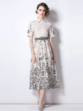 Summer Runway Vintage Shirt Dress Women's Lapel Short Sleeve Retro Pattern Office Ladies Work Midi Dress with Belt