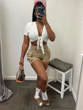 Summer Bodycon Streetwear 2 Two Piece Set Outfits Tracksuit Women Short Sleeve Bandage Crop Top Shorts Black Matching