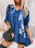 Blue Letter Print Denim Hooded Long