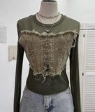 Vintage Babes Cowboy Spliced Tiring Strapped With Long Sleeves Short Mesh T-Shirt
