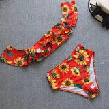 2025 New Split Swimsuit One-Word Shoulder Lotus Side Sunflower Print High-Waist Sexy Bikini
