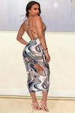 Party Sexy Multi Color Print Cross Back Strap Long Bodycon