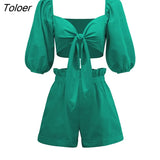 Cotton Linen 2 Pieces Women's Suits V-Neck Cross Lace Up Lantern Sleeve Crop Top Summer Outifit Elastic Waist Shorts
