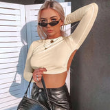 Sexy Harajuku Open Back T-shirt Long Sleeve Top Cropped Tops Women T-shirt Summer Casual Tops White Fashion T-shirt