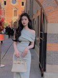 Fashion One Shoulder Folds Ladies Summer Sleeveless Bodycon Dress Elegant Chic Party Evening Wedding Dresses for