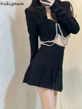 Temperament Skirt Outfits Chic Korean 2 Piece Set Women's Clothing Tunic Long Sleeve Diamond Crop Coat Bodycon Mini Skirts