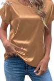 Summer Tops Woman Short Sleeve Silk Blouse Loose Casual O-Neck Solid Shirts Fashion Satin Clothing Elegant