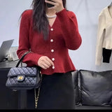 Sweater Women's 2024 Spring New French Lotus Leaf Hem Bubble Sleeve Blouse V Collar Knitted Sweater-Outfit