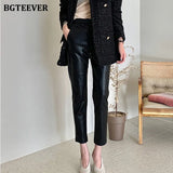 MIidi Waist Spliced Loose Leather Pants Women Autumn Solid Zipper PU Leather Trousers Women Straight Pants Female
