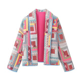 Autumn Winter Pink Geometric Flower Print Lapel Quilted Coat Ethnic Women Quilting Full Sleeve Oversized Jacket Outerwear-Outfit