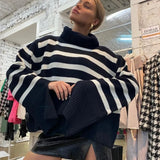 Fashion Beige Stripe High Collar Slit Long Sleeve Knit