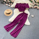 Summer Green/Black/Red Two Piece Set Women Sexy Slash Neck Short Tops + High Waist Wide Leg Pants Female Suit
