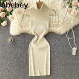 Strap Women Knitted Pencil Dress Turtleneck Sleeveless Elastic Slim Sheath Dresses Summer Korean Streetwear Short