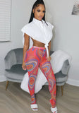 Sexy Turn-down Collar Sleeveless Solid Open Side Loose Shirt and Print Skinny Pants