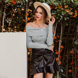 off shoulder elastic winter sweater women Short gray lapel pullover sexy white jumpers Autumn bodycon basic knitwear