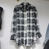 Women's Denim Shirt Loose Patchwork Burrs Edge Distressed Checkered Single Breasted Diamond Blouse 2024 Summer New Fashion-Outfit