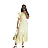 Elegant Knitted Dress Round Collar Single Buckle Horn Sleeve Fishtail Dress Medium Long