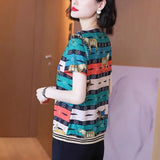 for Women 2023 Printed Short Sleeve Summer New V-neck Striped Fashion Tees Pullover Casual Elegant Tops-Outfit