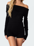Women Knitted Playsuits Solid Color Slash Neck Off Shoulder Short Jumpsuits Long Sleeve Slim Rompers Clubwear 2024-Outfit