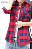 Casual Button Down Lapel Neck Plaids Checks Flannel Shirts Women Long Sleeve Tops Blouse Free