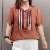 Peter Pan Collar Blouse Casual Loose Female Clothing Stylish Printed Patchwork Button 2023 Summer New Short Sleeve