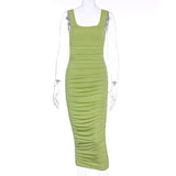Ruched Women Midi Dress Summer Sleeveless Bodycon Sexy Elegant Party Dresses New Clothes Club Vestido