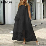 Bohemian Dress Sundress Women Casual Solid Color Asymmetric Dress 2021 VONDA Vintage Lace Patchwork