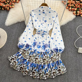 Spring Runway Long Sleeve Mini Dress Women Stand Collar Puff Sleeve Single Breasted Butterflies Print Sashes Short