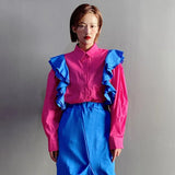 Casual Colorblock Ruffle Trim Shirt For Women Lapel Long Sleeve Chic Blouse Female Fashion New Clothing 2021