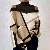 Women's Lantern Sleeves Geometric Print Tshirts Top Casual Loose Pullover High Neck T-shirt Roupas