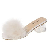 Woman's Slippers Low Square heel Slides Big Size Fur Flip Flops 2022 Summer Soft Block Plush Rome Basic PU Fabric Hoof