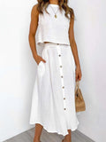 Casual White Solid Women Skirt Set Sleeveless Crop Tops And Button Pockets Skirts Ladies Suit Summer Beach Style