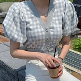 Korean Chic Summer Aging Sweet V-neck Cardigan Contrast Check Single Breasted Slim Bubble Sleeve Short Sweater